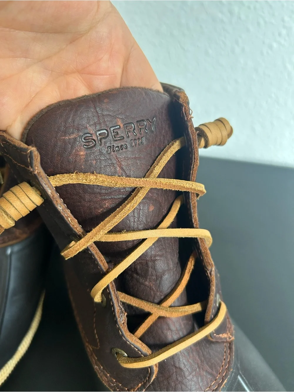 SPERRY TOP SIDER Saltwater Duck Boots Size 12 DARK BROWN LEATHER/BLACK